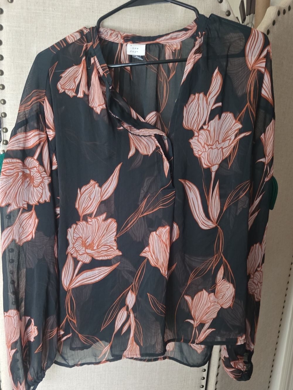 a new day Black Sheer Floral Wrap Blouse with Peach Print